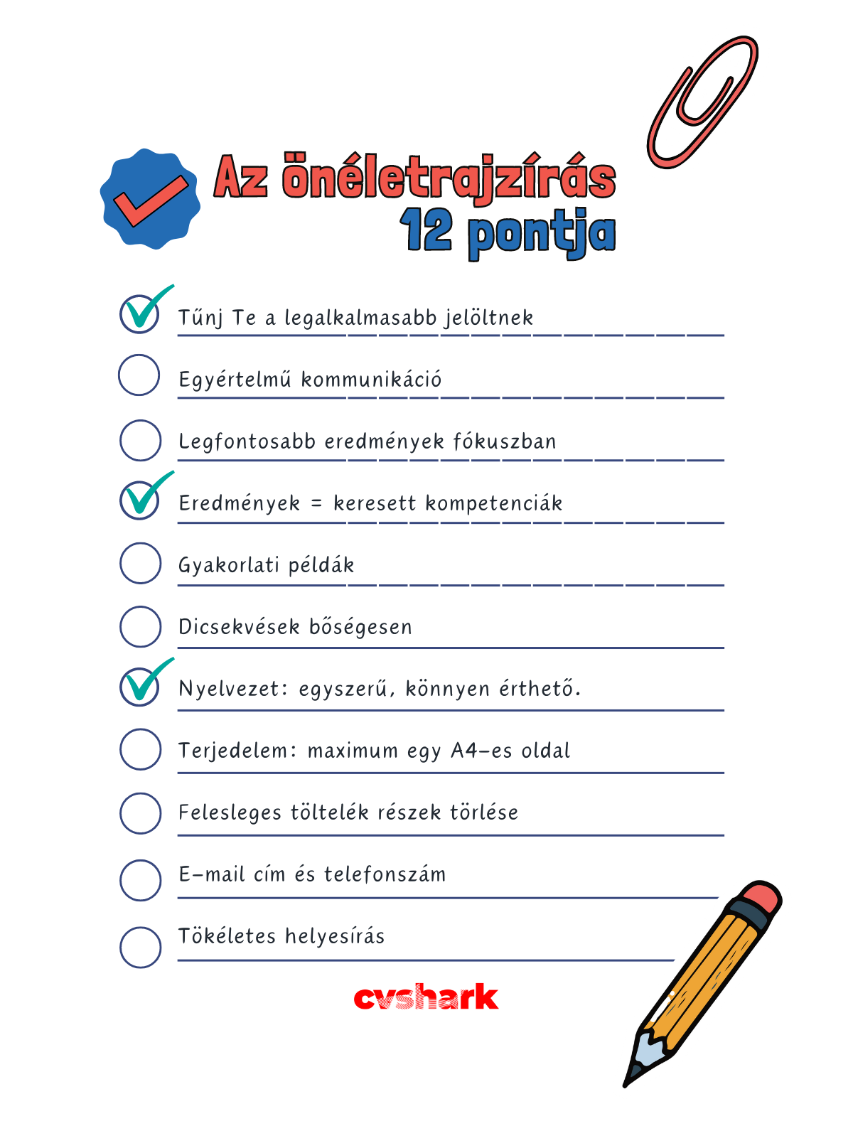 Rajzolt csekklista az önéletrajzírás 12 lépéséről.