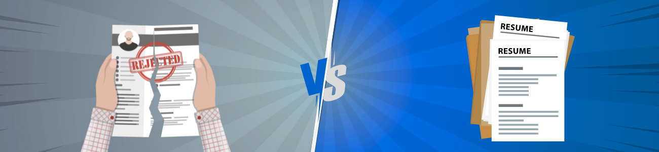 Hagyományos önéletrajz vs versenyképes önéletrajz. A bal oldalon egy egyszerű, hagyományos önéletrajz látható, amely alapvető információkat tartalmaz. A jobb oldalon egy professzionális, jól megtervezett, versenyképes önéletrajz szerepel, amely kiemeli a jelentkező legfontosabb képességeit, tapasztalatait és eredményeit, vizuálisan vonzó formátumban.
